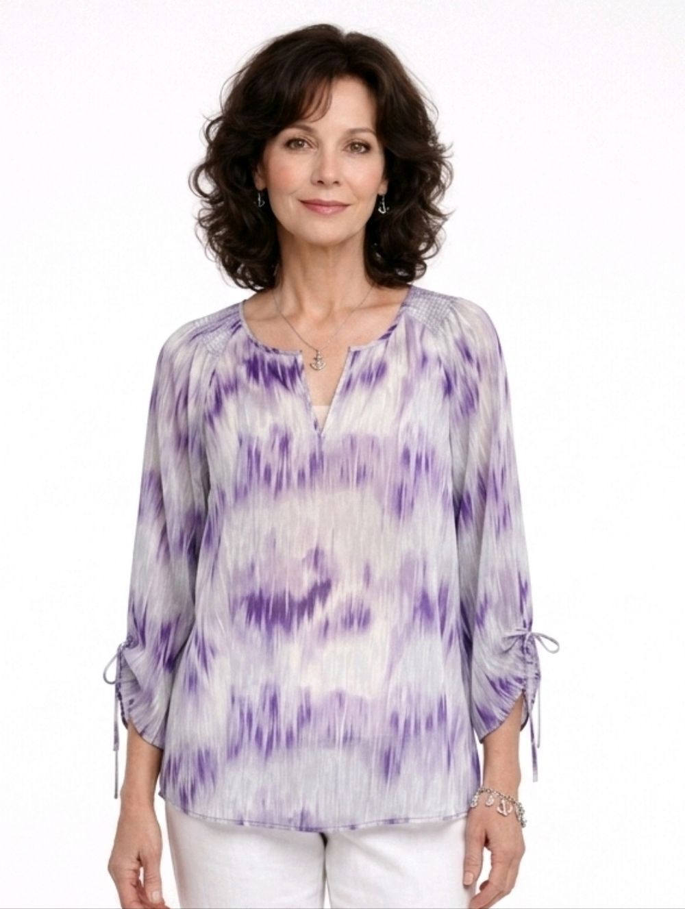 Chico's Debra Purple Hosta Watercolor Pattern Split V-neck Tunic Blouse Size 3
